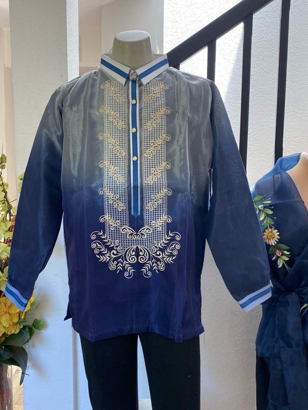 Filipino Formal Blue & white embroidered barong tagalog